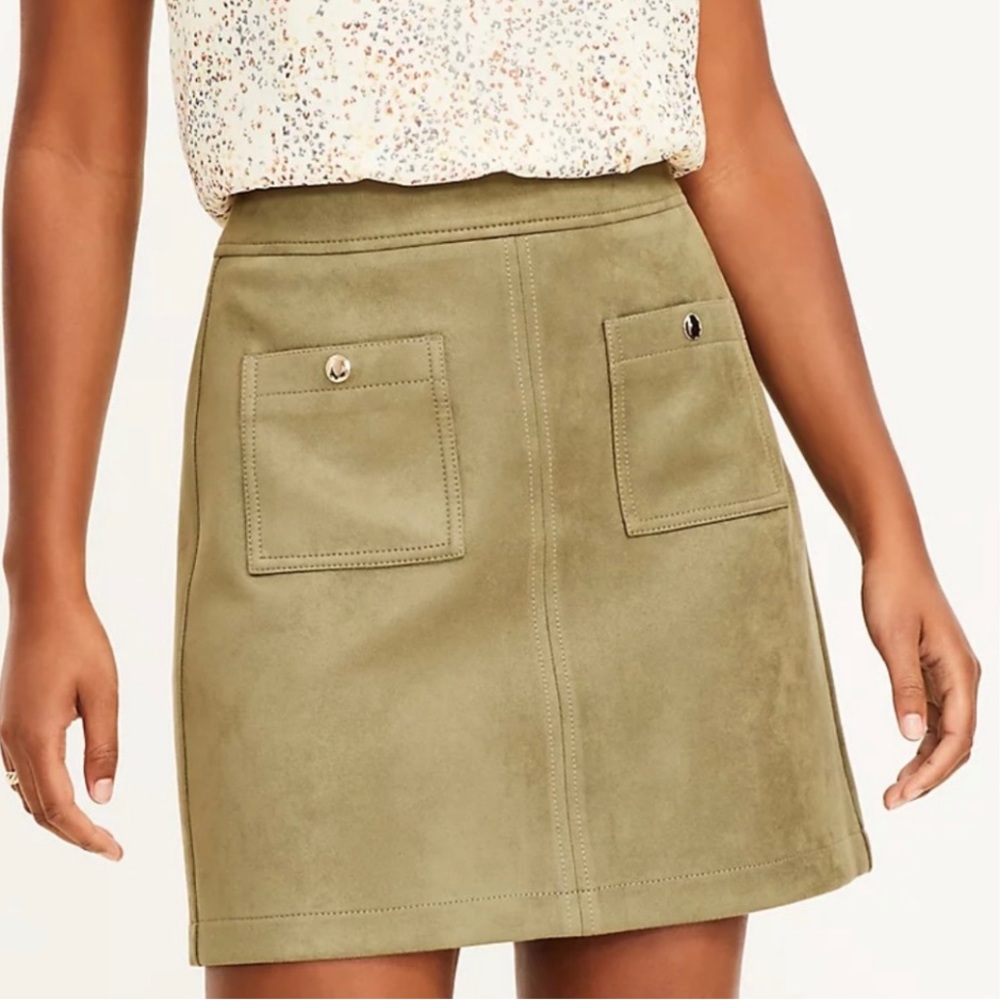 LOFT Faux Suede Olive Green Skirt Snap Pockets Size 6 Fully Lined - Picture 8 of 8
